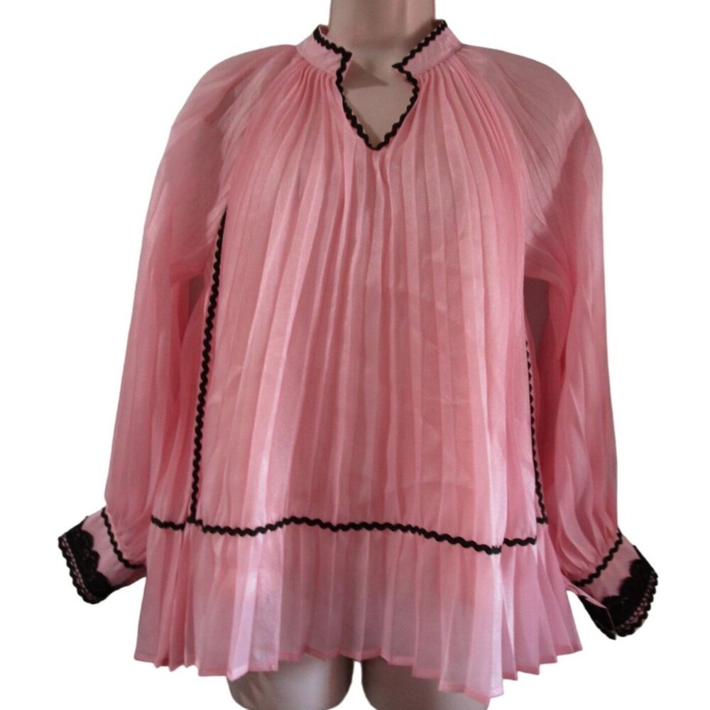 VGU Pink Accordion Pleated Swing Blouse Black RicRac Lace Vintage Style Med EUC - Picture 7 of 15